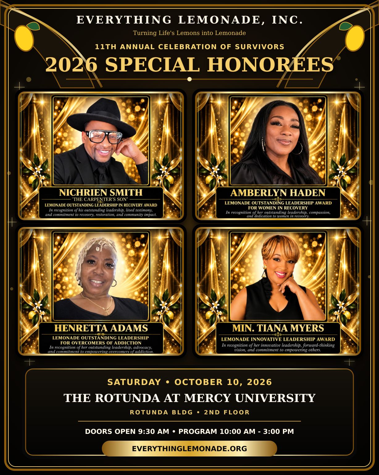 2026 special honorees: Nichrien Smith, Amberlyn Haden, Henretta Adams, and Min. Tiana Myers, honored October 10 at Mercy University