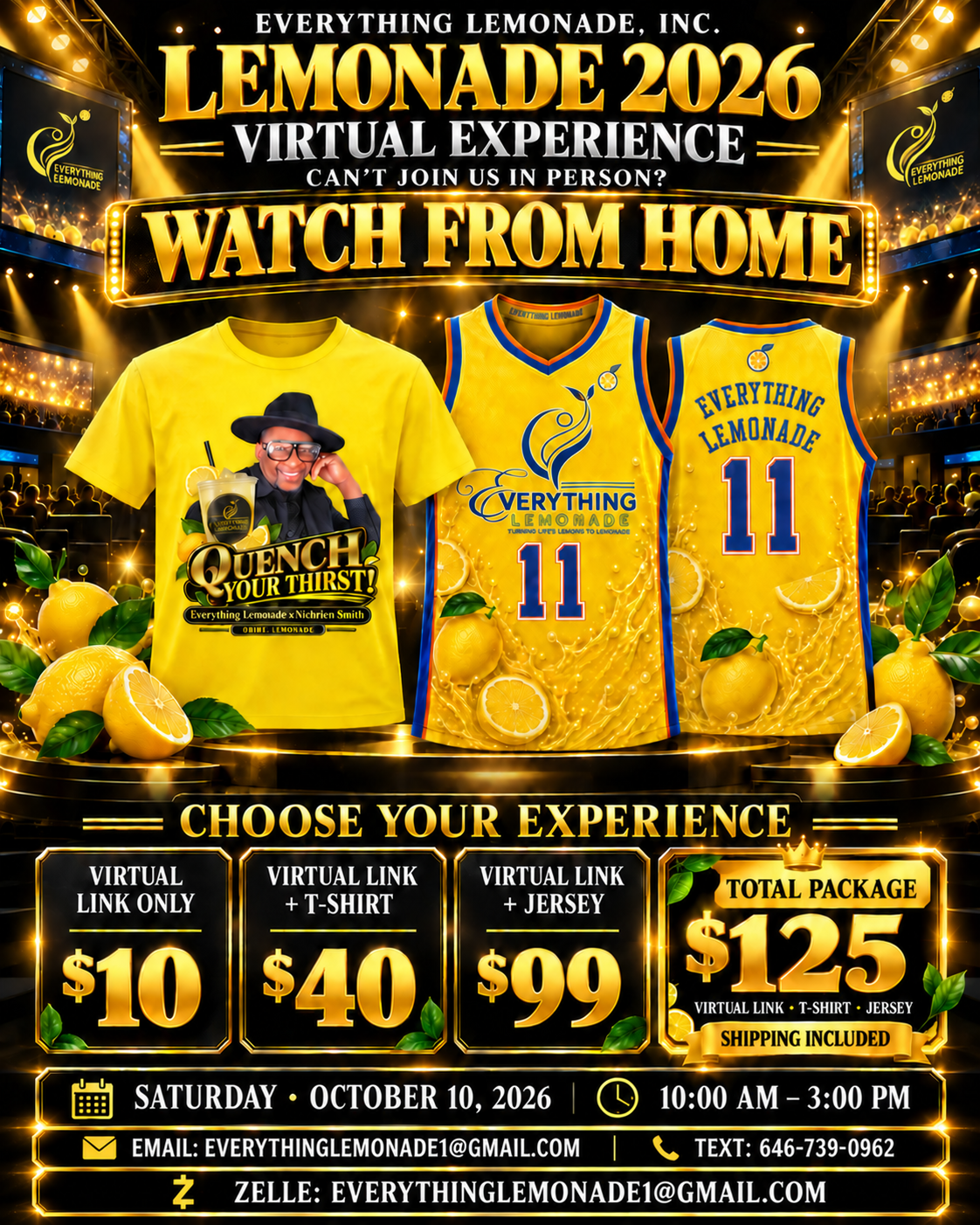 Watch From Home — Lemonade 2026 virtual experience packages: virtual link $10, virtual link plus T-shirt $40, virtual link plus jersey $99, total package $125 with shipping included