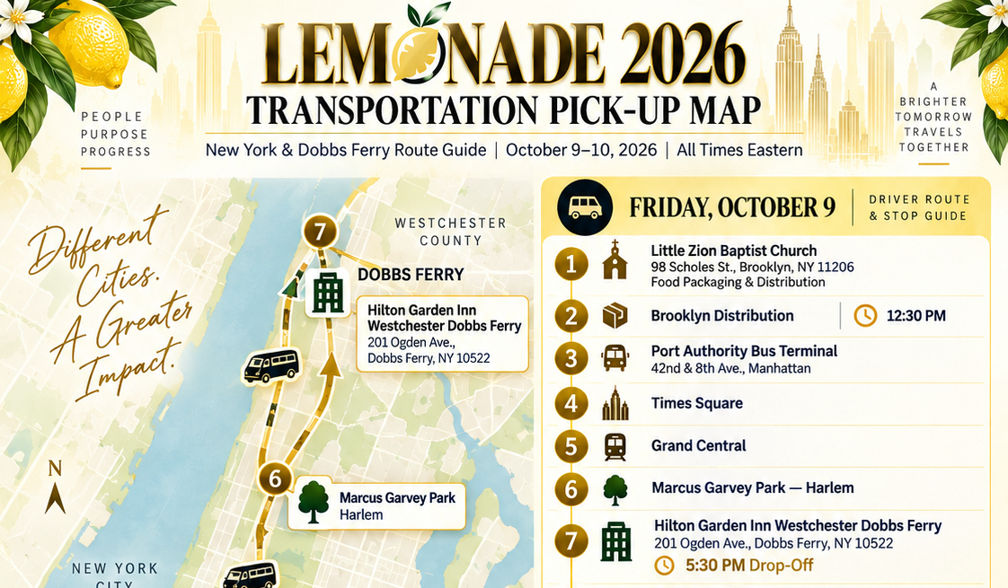Lemonade 2026 Transportation Pick-Up Map — New York and Dobbs Ferry route guide